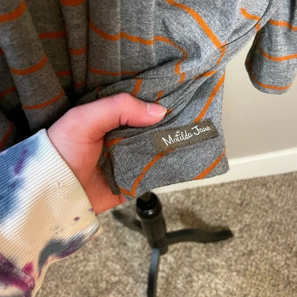 Matilda Jane Gray and Orange Striped V Neck Long Sleeve Tunic Top - Picture 9 of 10